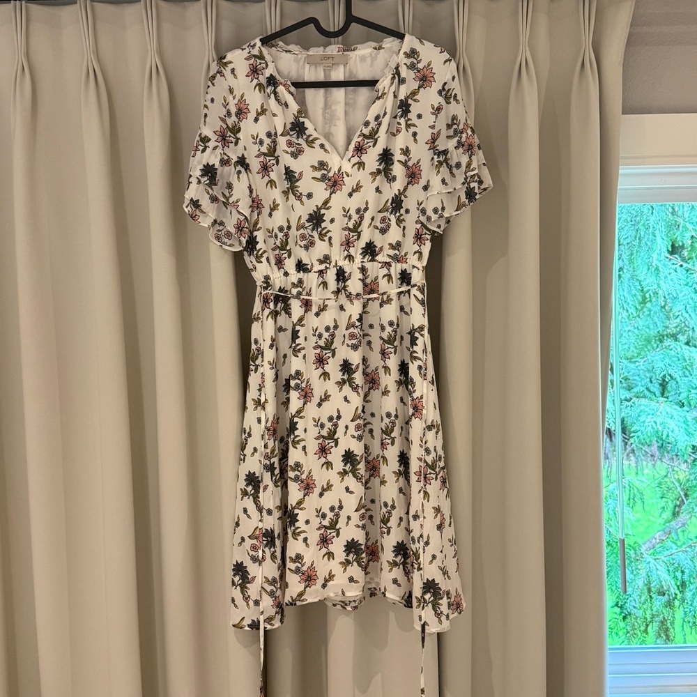 LOFT White Floral V-Neck Drawstring Dress